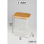 color house 5 Adet Borosilikat Cam Bakliyat Kavanoz Vakumlu Doğal Bambu Kapak ( 1100 Ml ) ve Etiket - B02