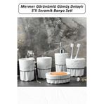 color house 5 Parça Mermer Görünümlü Gümüş Detaylı Seramik Banyo Seti - BN02 Beyaz Tek Ebat