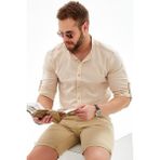 COLVİ'S MAN Erkek Bej Keten Slim Fit Hakim Yaka Kol Katlamalı Gömlek - Açık Kahverengi - 2XL