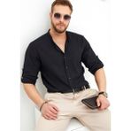 COLVİ'S MAN Erkek Siyah Keten Slim Fit Hakim Yaka Kol Katlamalı Gömlek - XL