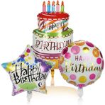 COM-FOUR® 3x folyo balon "Dogum Günün Kutlu Olsun" - üç tasarimda balonlar - renkli motiflerle dogum günü dekorasyonu (3 parça - pasta/yildiz/balon)