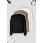 COMBİNE MİCHAİL Erkek 3-lü Karamel-siyah-ekru Sweatshirt Basic Bisiklet Yaka