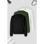 COMBİNE MİCHAİL Erkek 3-lü Siyah-beyaz-haki Sweatshirt Basic Bisiklet Yaka