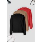 COMBİNE MİCHAİL Erkek 3-lü Siyah-kırmızı-karamel Sweatshirt Basic Bisiklet Yaka