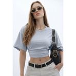 COMBİNE MİCHAİL Kadın Basic Bel Detaylı Gri Crop Bluz