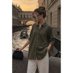 COMBİNE MİCHAİL Kadın Keten Görünümlü Oversize Haki Gömlek