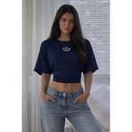 COMBİNE MİCHAİL Kadın Obey Yazı Baskı Dar Lacivert Crop Bluz