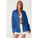 COMBİNE MİCHAİL Kadın Saks Mavi Oversize Keten Gömlek