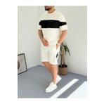 Combineman35 Siyah Beyaz Erkek Scuba Kumaş Şort T-shirt Alt Üst 2Li Takım