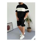 Combineman35 Siyah Ortası Beyaz Erkek Scuba Kumaş Şort T-shirt Alt Üst 2Li Takım