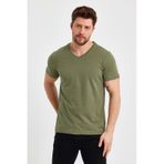 Comeor Erkek Haki Basıc Slim Fit Pamuklu Kısa Kollu V Yaka T-shirt