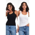 Comeor Kadın Siyah-Beyaz Fitilli Görünümlü Askılı Kalın 2'li Basic Atlet Bluz - XL - Siyah - Beyaz