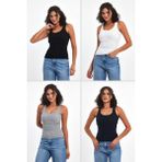 Comeor Kadın Siyah-Gri-Beyaz-Lacivert Fitilli Görünümlü Askılı Kalın 4'lü Basic Atlet - Çok Renkli - 2XL
