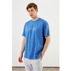 COMEOR Leo Erkek Oversize Tshirt %100 Pamuk Bisiklet Yaka Baskı Detaylı Basic Mavi Tişört