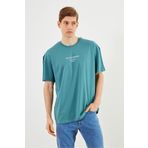 COMEOR Leo Erkek Oversize Tshirt %100 Pamuk Bisiklet Yaka Baskı Detaylı Basic Turkuaz Tişört