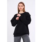 Comeor Siyah Kadın Pamuklu Oversize Basic Bisiklet Yaka Sweatshirt