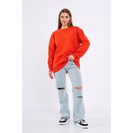 Comeor Turuncu Kadın Pamuklu Oversize Basic Bisiklet Yaka Sweatshirt