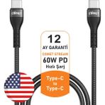 COMET Stream Hızlı Şarj ve Veri type-C - type-C Kablo 60W CB Sertifikatlı- Akıllı E-Mark Çip Teknolojisi, 1.2M, 10.000+ Bükme Ömrü - USB-C'den USB-C'ye Kablo 60W