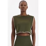 Comeup Kontrast Biyeli Sıfır Kol Crop Top (KOYU YAPRAK YEŞİLİ, L)