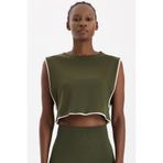 COMEUP Kontrast Biyeli Sıfır Kol Crop Top Koyu Yaprak Yeşili
