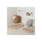 Comfort Craft Hasır / Jüt 5 Parça Beyaz Şeritli Banyo Paspas Takımı | Kirli Sepeti | Oval Sepetler
