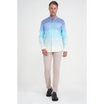 Comfort Fit Pano Desen Düğme Yaka %100 Keten Turkuaz Gömlek G 1593 - 4XL