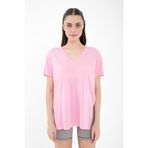 Comm-Ci Boel V Yaka Kısa Kollu Yandan Yırtmaçlı Pembe Kadın T-shirt