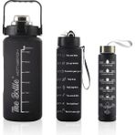 Comprox Motivasyonel Su Matarası 2 Litre + 750 Ml + 300 Ml 3'lü Su Şişesi Matara Seti - Siyah-BK81