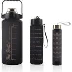 Comprox Motivasyonel Su Matarası 3lü Su Şişesi 2 Litre Su Matarası + 750 Ml+ 300 Ml Yavrulu Sporcu Matarası - Asfalt Siyahı