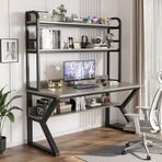 Comput Masası ve Kitaplık, PC Çalışma Yazı Masası Ev Ofis Masası Çalışma Çalışma İstasyonu Yetişkinler/Öğrenciler için (85 cm, Gri+Siyah Çerçeve)