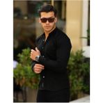 Comstar Erkek A Kalite Keten Slim Fit Kapaksız Hakim Yaka Uzun Kol Gömlek - Siyah - 2XL