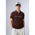 Comstar Erkek Çizgili Detaylı Triko Kahve Polo Yaka Tişört - 2XL