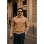 Comstar Erkek Fermuarlı Camel Uzun Kollu Polo Yaka Triko Kazak - Kahverengi