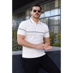 Comstar Erkek Günlük Çizgili Fermuarlı Triko Beyaz Polo Yaka Tişört - XL