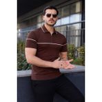 Comstar Erkek Günlük Çizgili Fermuarlı Triko Kahve Polo Yaka Tişört - 2XL