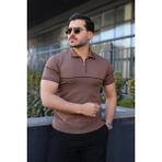 Comstar Erkek Günlük Çizgili Fermuarlı Triko S.kahve Polo Yaka Tişört - XL