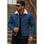 Comstar Erkek Kışlık Denim Ceket K.mavi Renk İçi Peluş Kürk Özellikli Trend Model - Koyu - 2XL