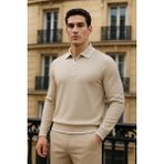 Comstar Erkek Trend Fermuarlı Bej Uzun Kollu Polo Yaka Tişört