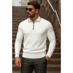 Comstar Erkek Trend Fermuarlı Uzun Kollu Beyaz Polo Yaka Kazak - XL