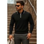 Comstar Erkek Trend Fermuarlı Uzun Kollu Siyah Polo Yaka Kazak - XL