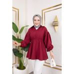 Comstar Kadın Basic Balon Kol Büzgülü Bordo Tesettür Gömlek - 46