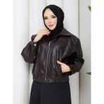Comstar Kadın Trend Premium Mevsimlik Bomber Kahve Deri Ceket - Kahverengi
