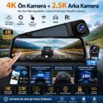Conio PASENS F3 4K+2.5K Çift Kameralı Araç İçi DVR – 32GB Hafıza Kartı + 24H Park İzleme Kablosu HEDİYELİ, 9.66” IPS Dokunmatik, WiFi, ADAS