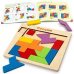 Coogam Ahşap Bulmaca Blokları Geometrik Tangram Zeka Oyunları Yapboz 3D Mantık IQ Oyunu Renkli Şekil Model Montessori STEM Eğitici Oyuncaklar Hediye Her Yaş için 60 Zorluk
