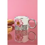 Cooker 200 ml Çiçek Desenli Gümüş Kulplu Porselen Kupa Bardak, Pembe