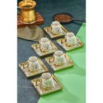Cooker Yaldızlı 6'lı 180 ml Neskafe Fincan Takımı – Kare Tabaklı Lüks Porselen Büyük Kahve Fincanı – Modern Hediyelik Set - Yeşil