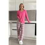 Cool & Sexy Ekose Desenli Alt Pembe Üst V Yaka Uzun Kollu Pijama Takımı