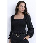 Cool & Sexy Gipeli Kare Yaka Volan Detaylı Siyah Bluz