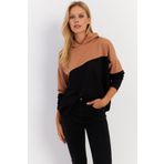 Cool & Sexy Kadın Camel-Siyah Renk Bloklu Kapüşonlu Sweatshirt DA148