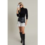 Cool & Sexy Kadın Ekru-Siyah Kazayağı Suni Deri Mini Etek